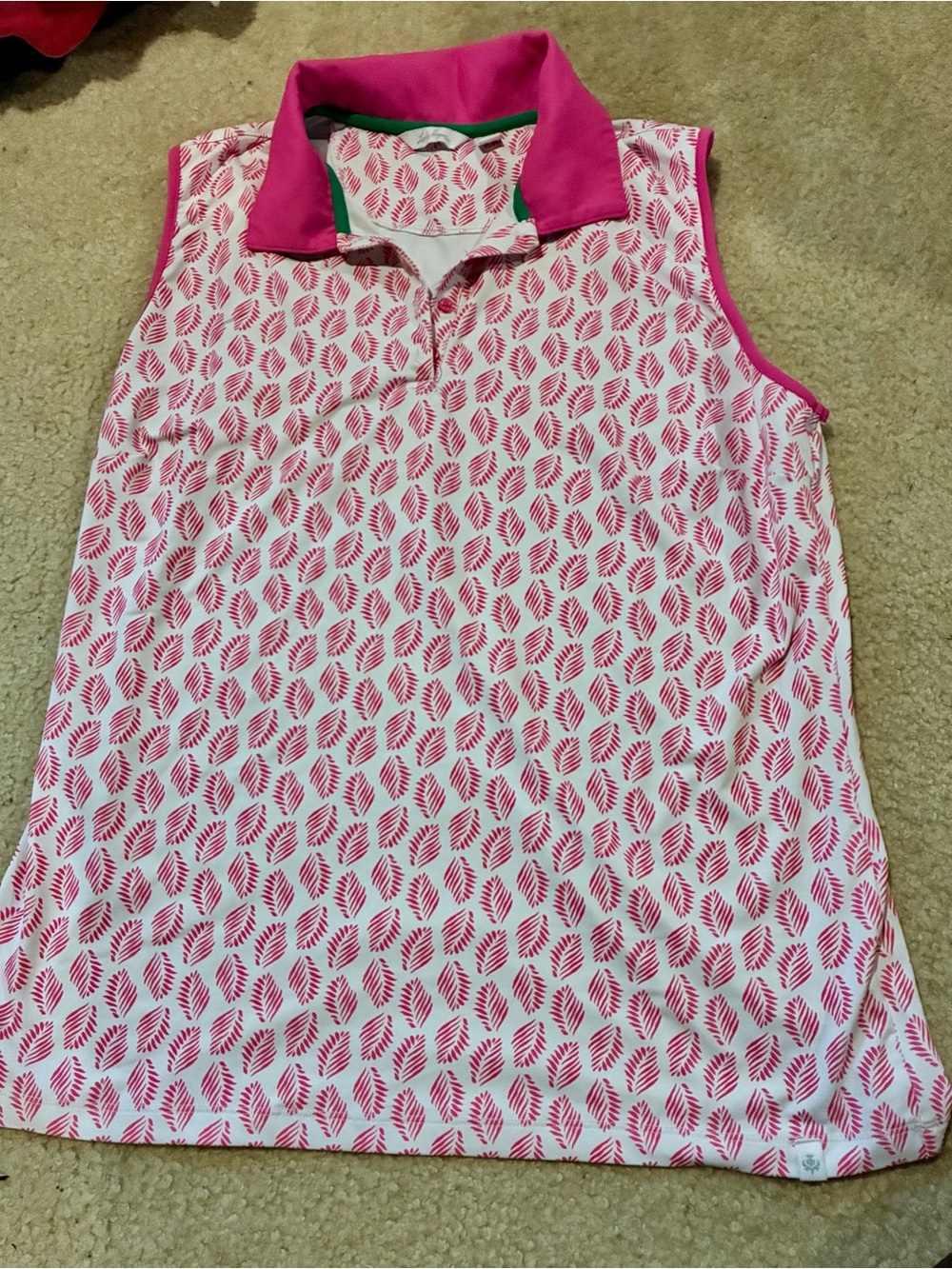 Lady Hagen Pink Leaf-Print Sleeveless Polo Top